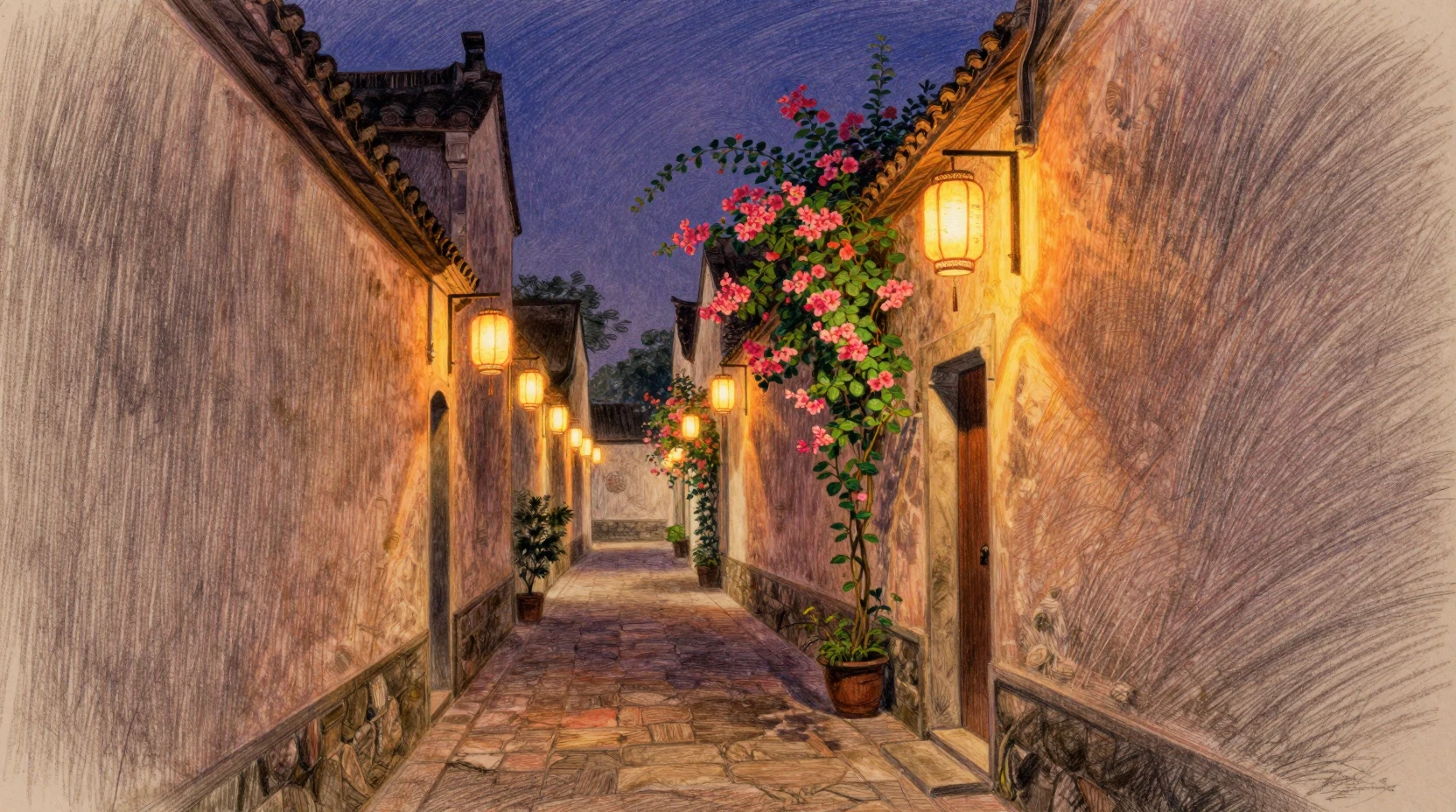 Callejón tranquilo iluminado por faroles bajo un cielo nocturno azul púrpura