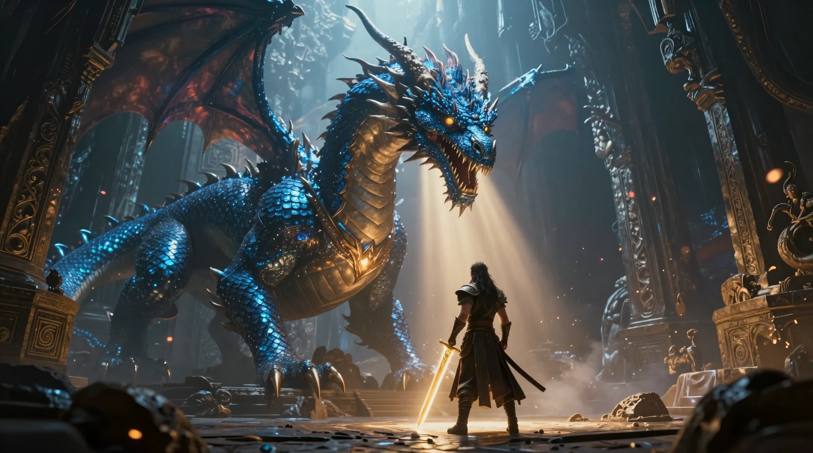 Guerrero heroico frente a un antiguo dragón azul en cueva mística