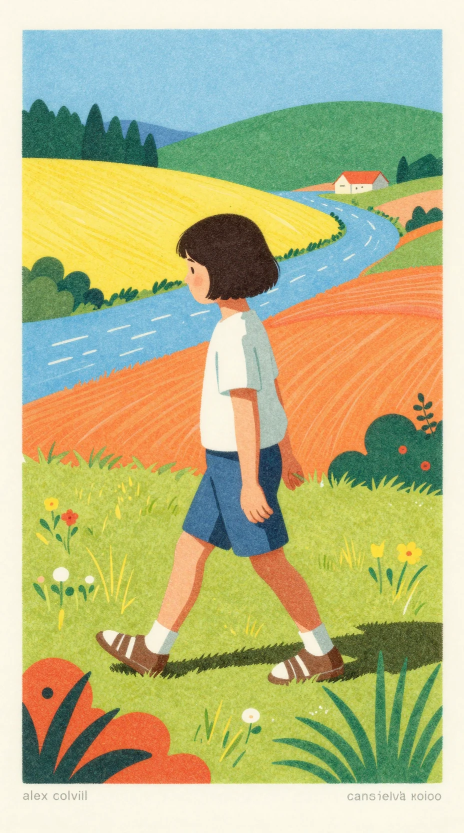 Hombre caminando por un colorido paisaje de fantasía neo pop
