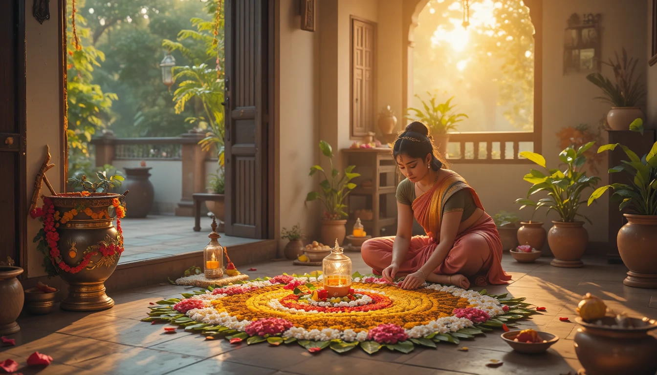 Mujer hindú creando rangoli al amanecer en un hogar tradicional