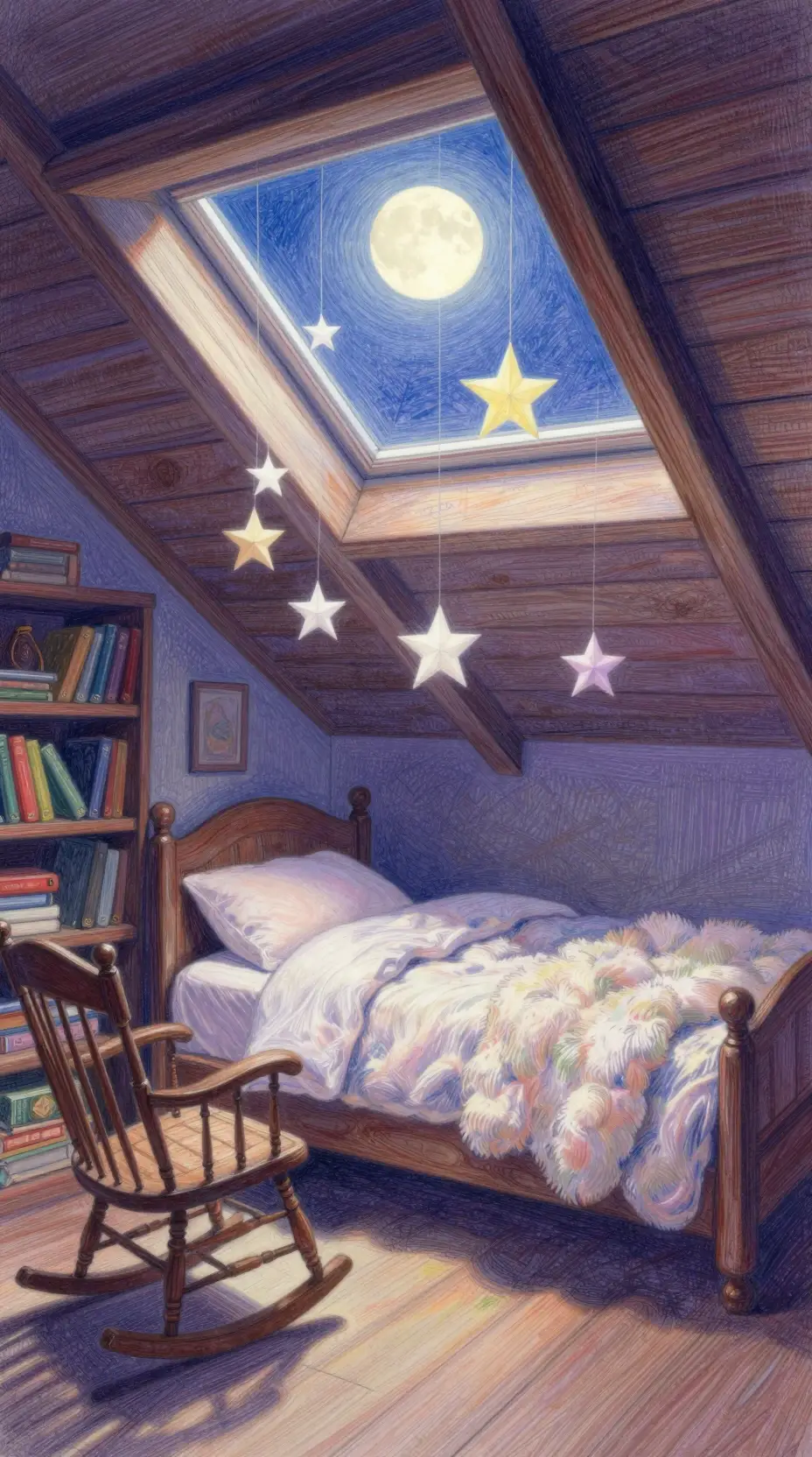 Cozy attic bedroom under moonlit skylight with books and stars