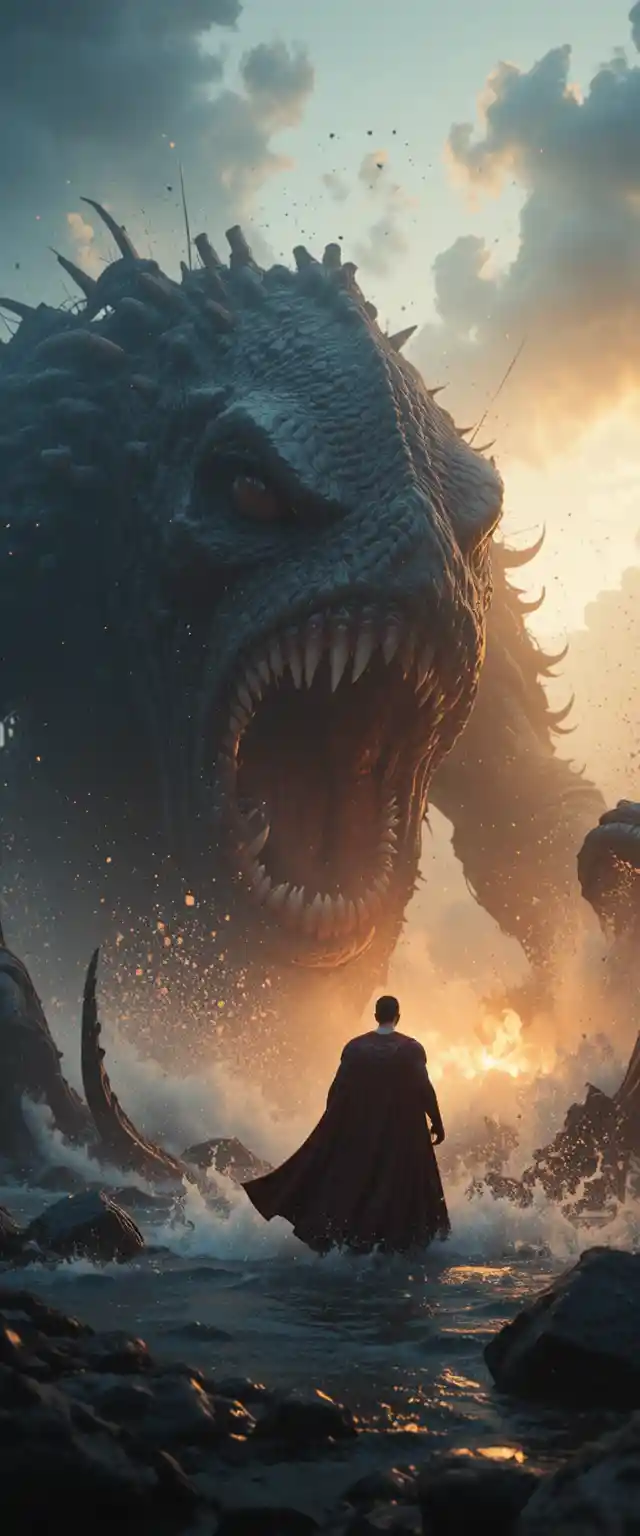 Superhéroe Enfrenta a Kraken Gigante en Batalla en Océano Tormentoso
