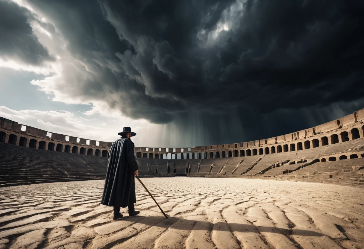 Lone man stands in vast roman amphitheater under storm clouds