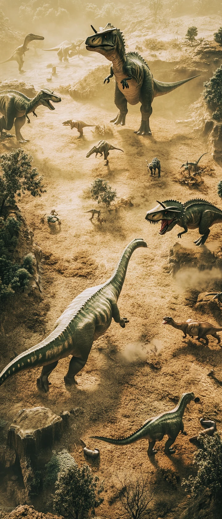 Vista aérea de dinosaurios recorriendo tierras prehistóricas