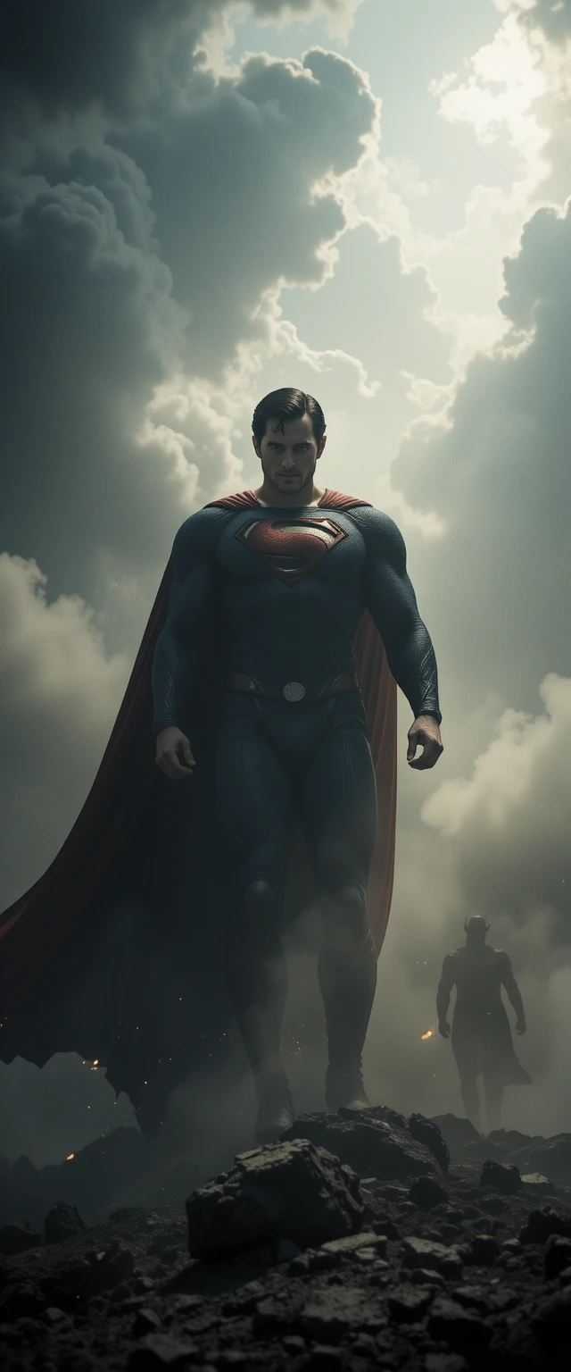 Solitary superhero hovering against a vast stormy sky