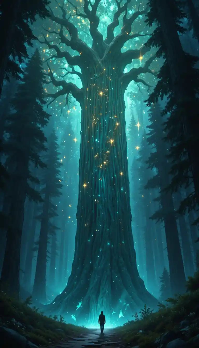 Albero antico luminoso che svetta sopra un solitario viandante della foresta