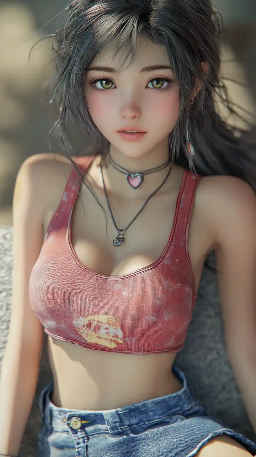 明るい瞳の赤いタンクトップを着た可愛いアニメ少女