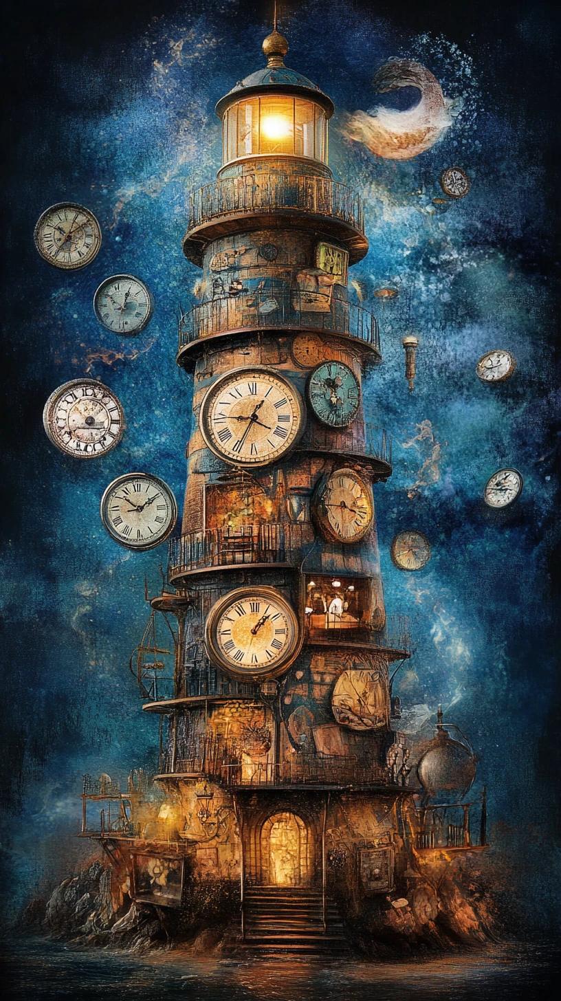 Faro surreal de relojes que lanza un haz de recuerdos