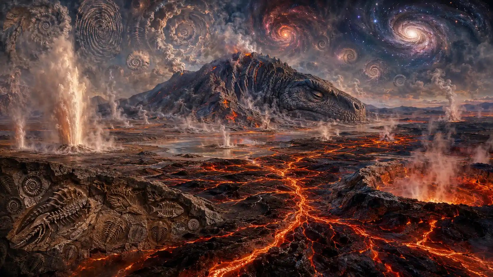 Paisagem vulcânica pré-histórica surreal com gêiseres e rios de lava