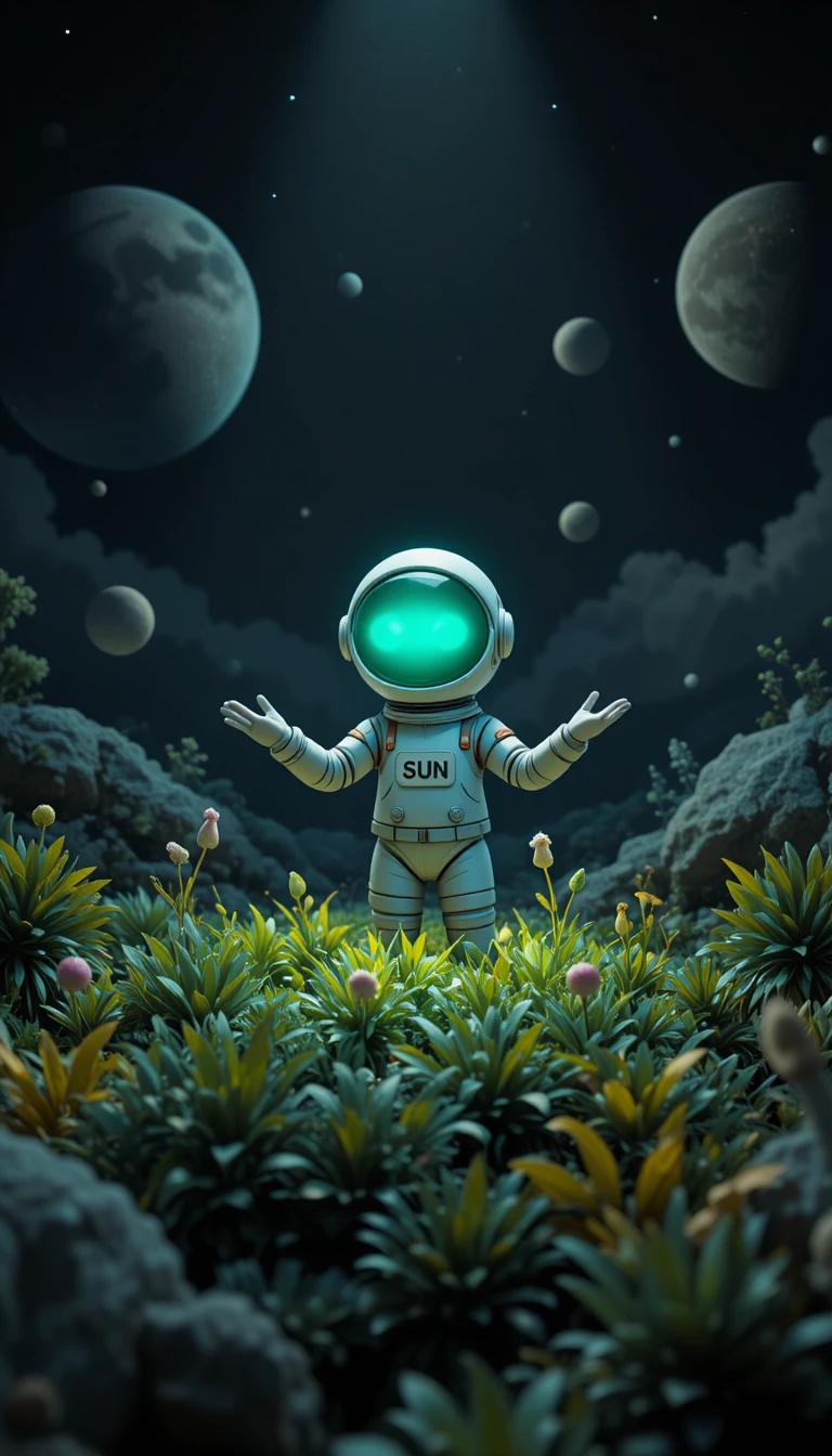 Astronauta alcanzando un jardín alienígena brillante en el espacio profundo