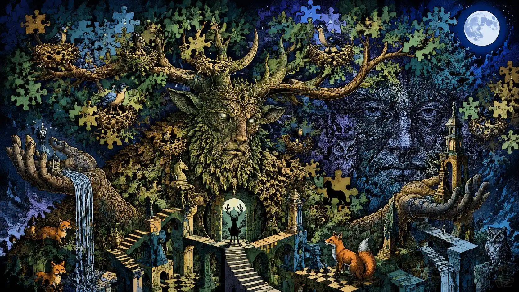 Colossale Spirito della Foresta con Corna Ramificate di Foglie a Puzzle