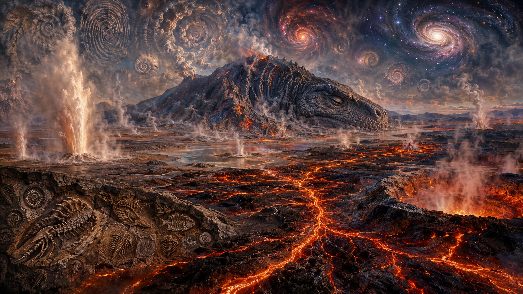 Paisagem vulcânica pré-histórica surreal com gêiseres e rios de lava