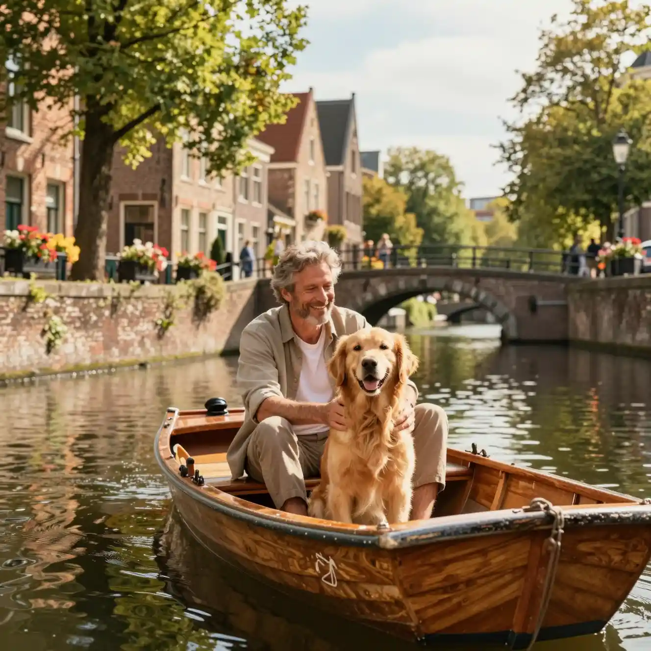 Hombre y Golden Retriever en barco en un canal soleado