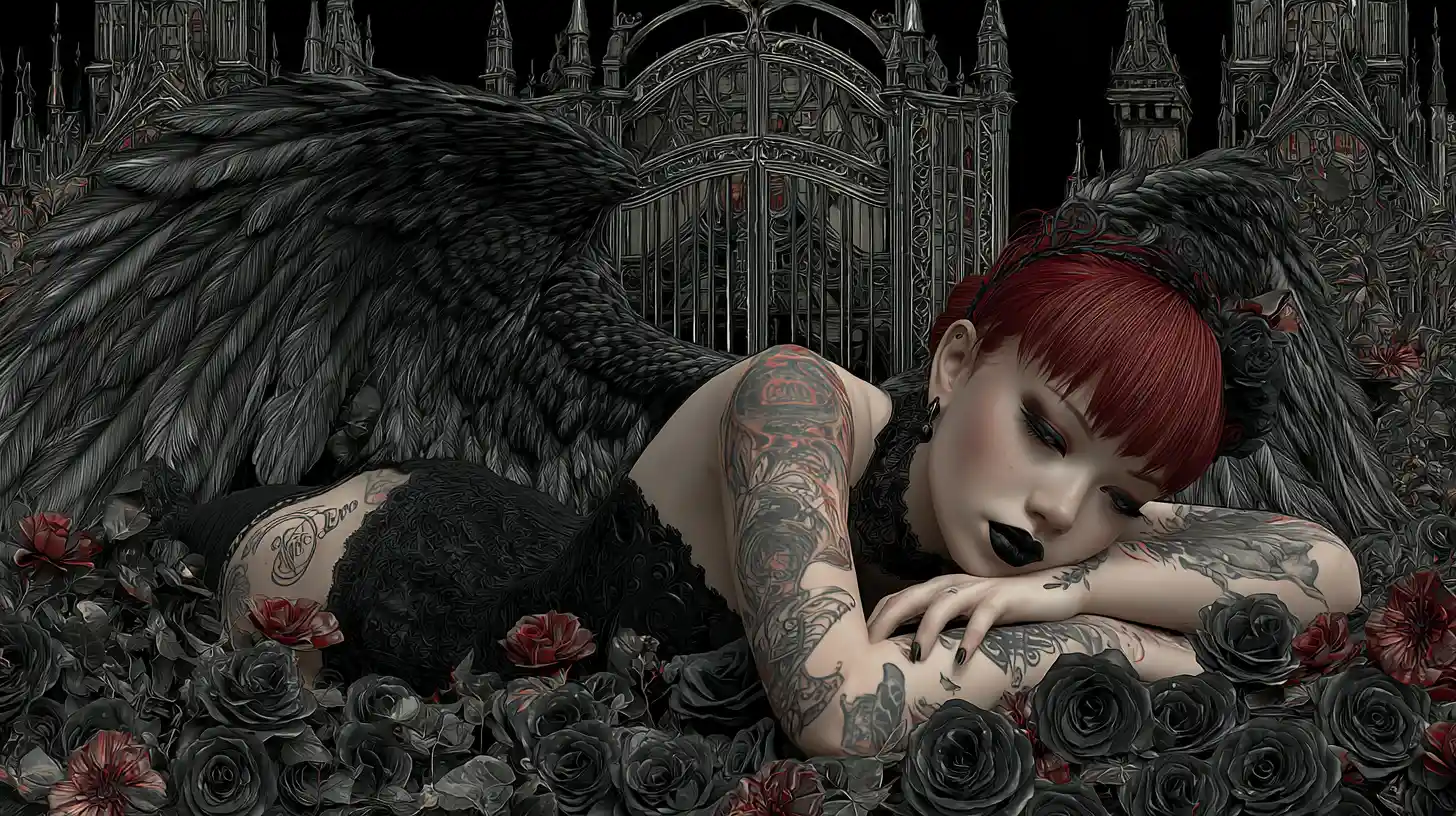 Goth angel with black wings resting in dark rose garden