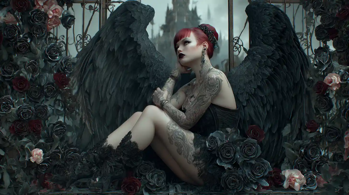 Dark winged goth angel resting in black rose garden