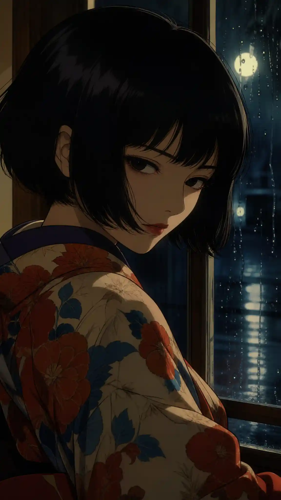 Mujer de anime con kimono junto a una ventana nocturna empapada de lluvia