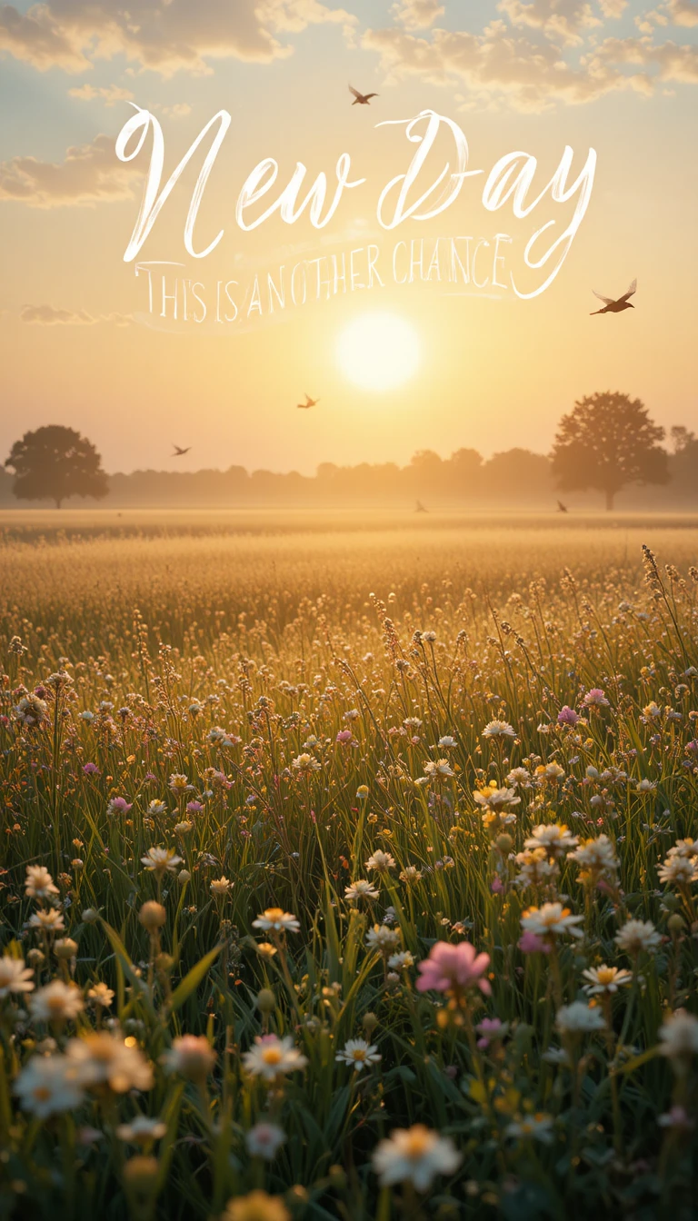 Sunrise meadow with dewy grass on a calm summer morning