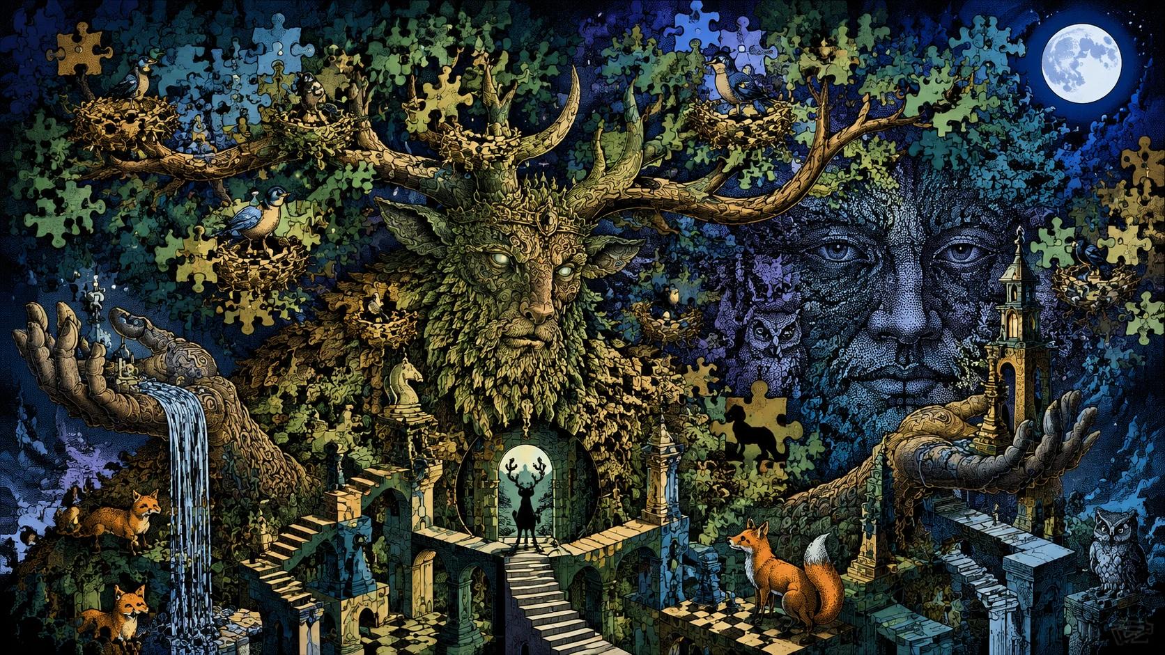 Colossale Spirito della Foresta con Corna Ramificate di Foglie a Puzzle