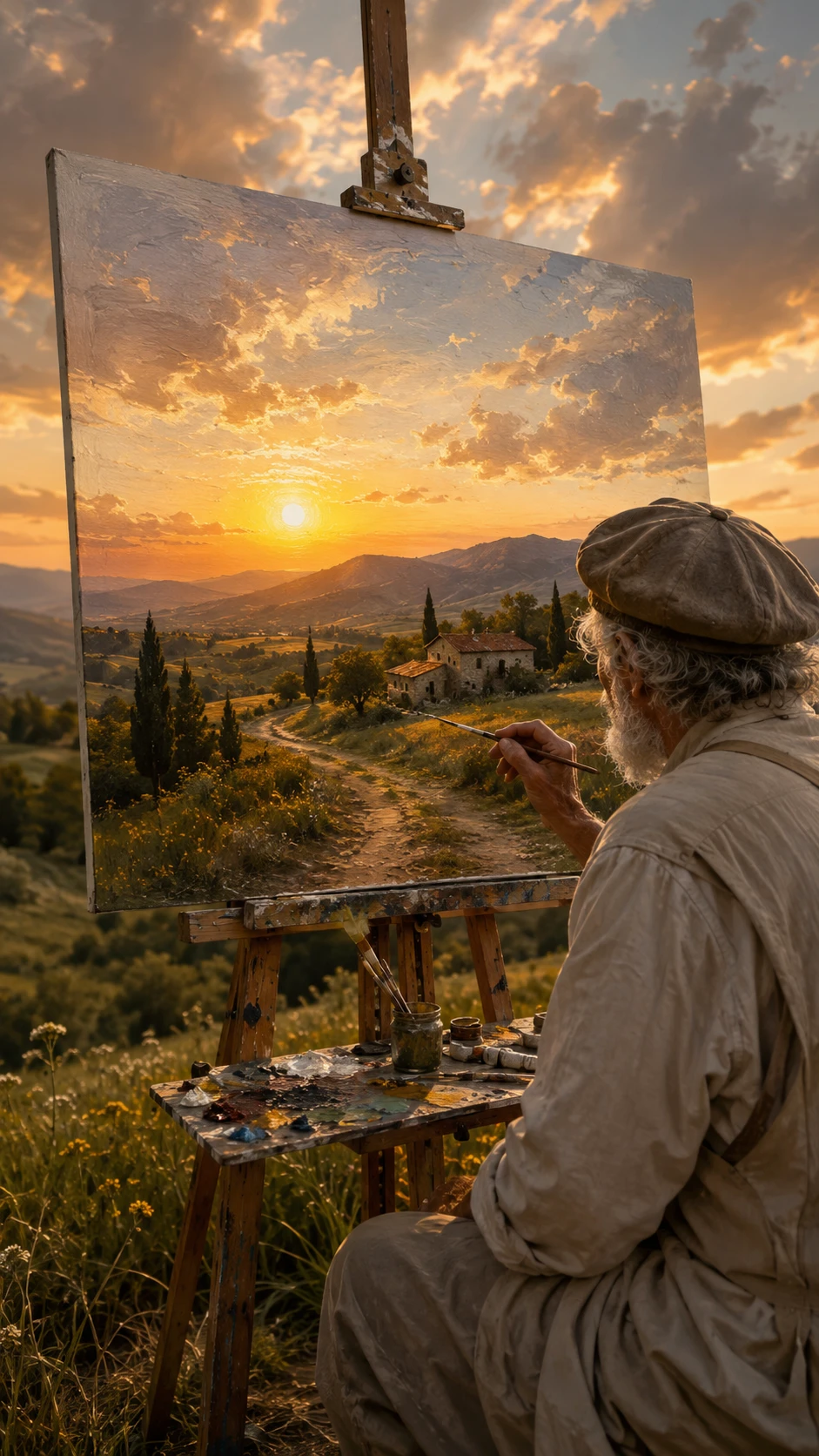 Artista anciano pintando un campo sereno en un lienzo gigante