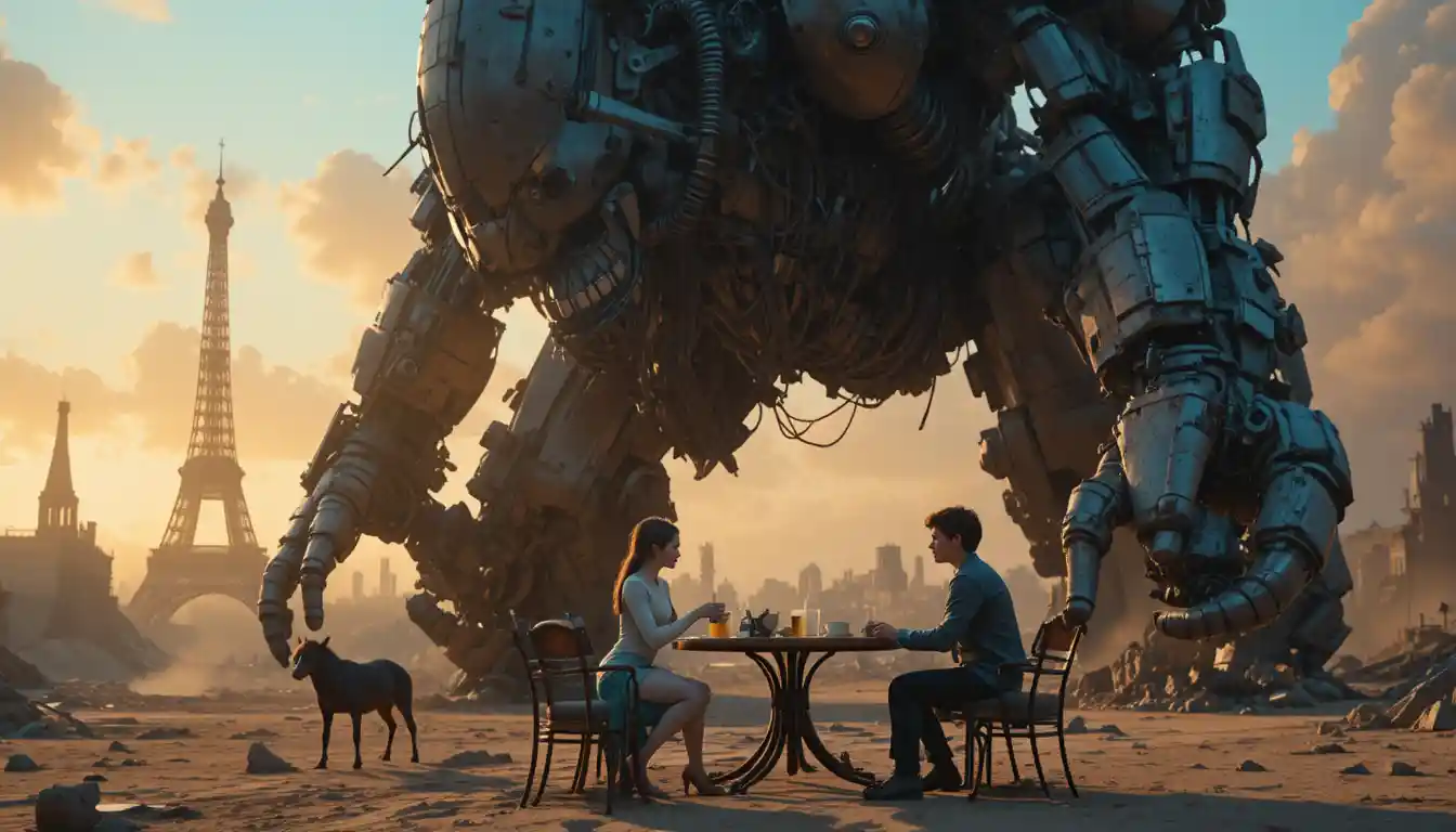 Children reach for a towering rusted mechanical golem at sunset