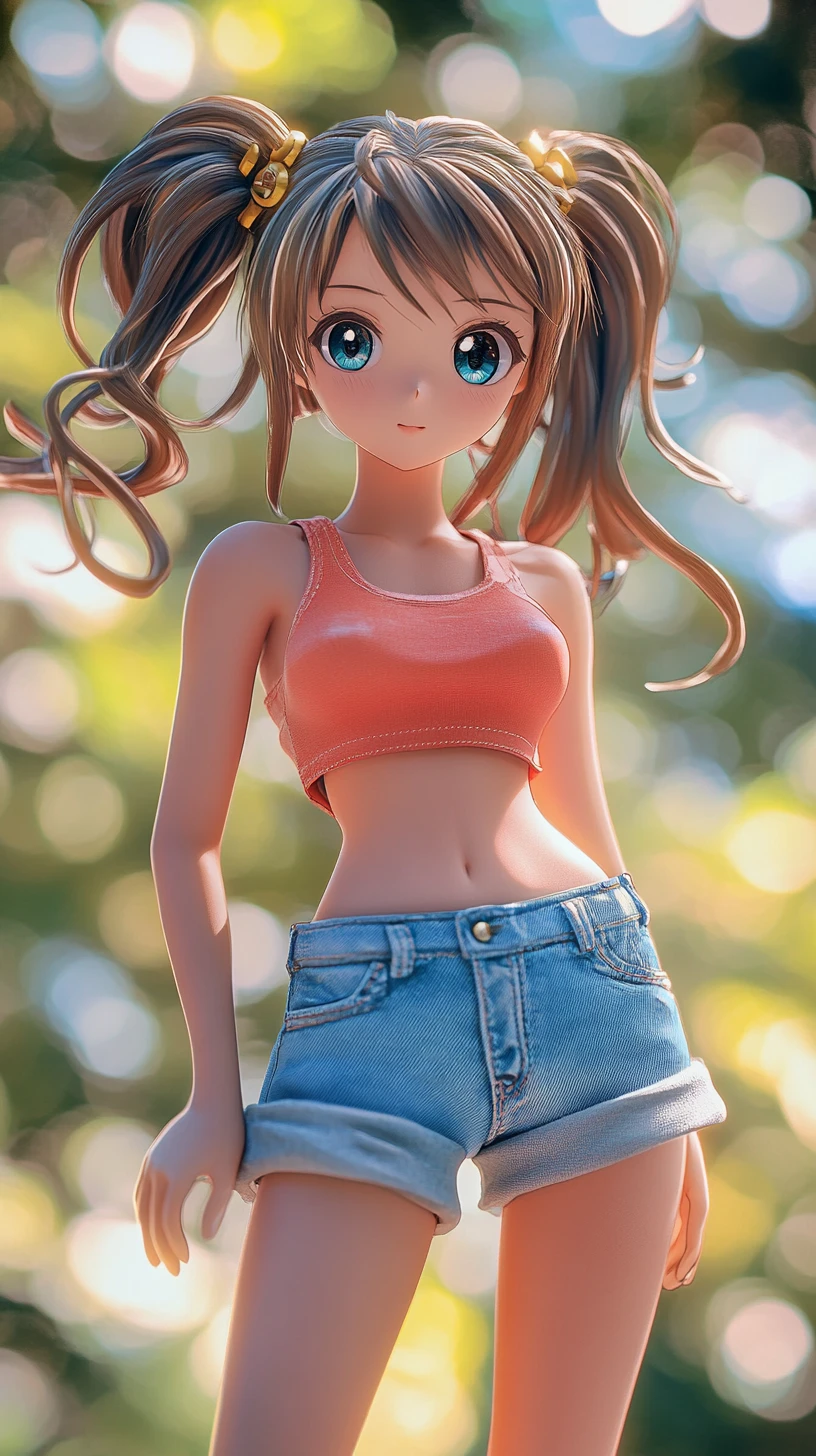 Cute anime girl with bright eyes in red tank top