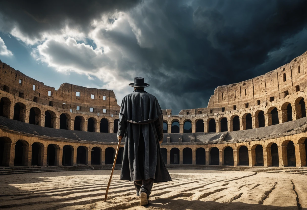 Hombre solitario en una tormenta dentro de un vasto anfiteatro romano