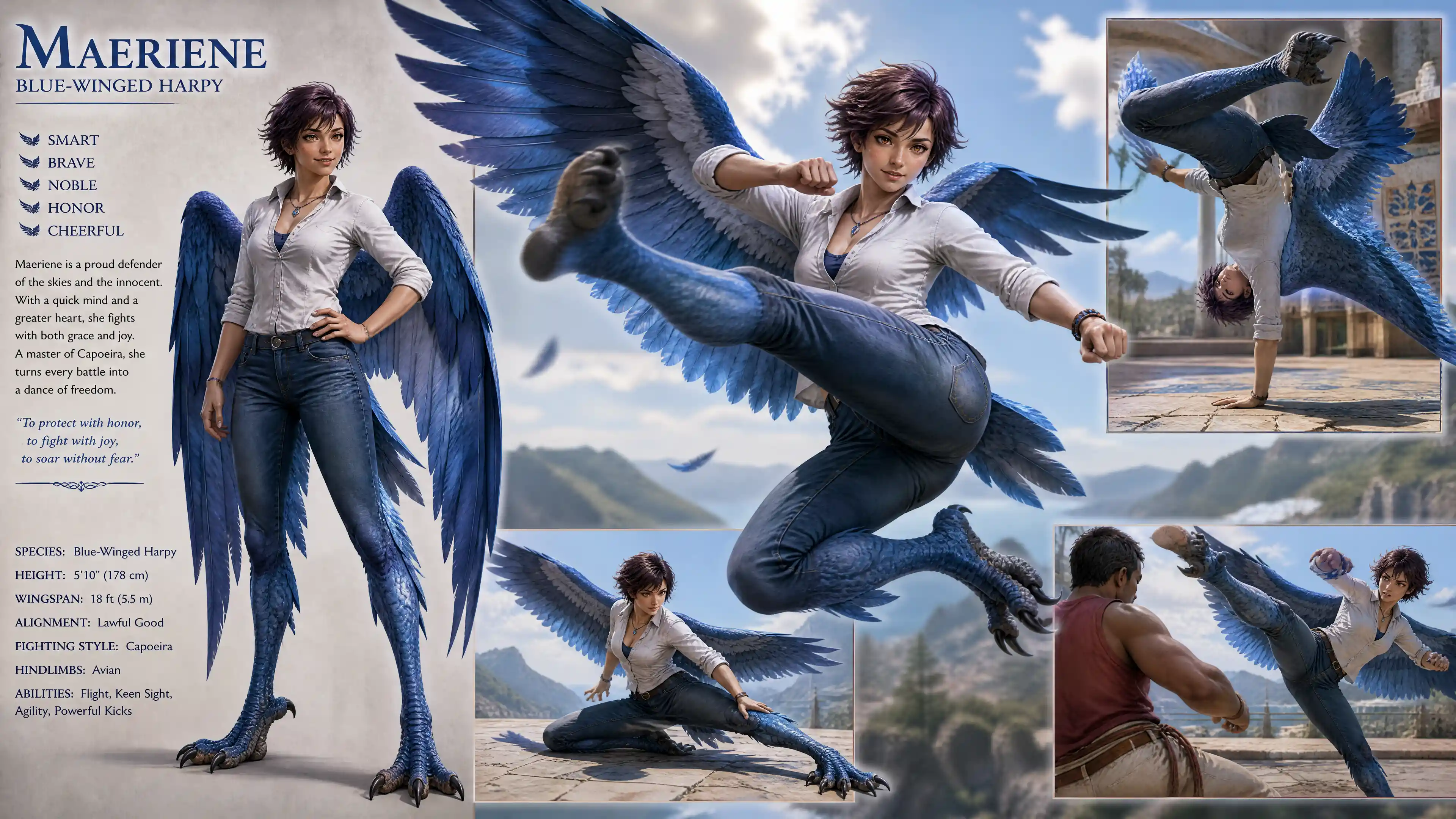 Blue winged harpy woman in casual clothes practicing capoeira