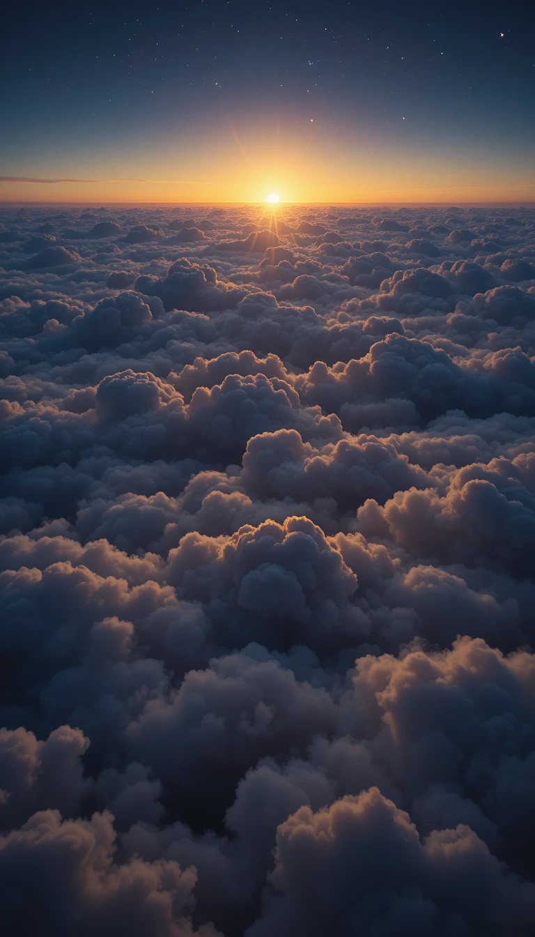 Sonnenaufgangslicht über einem weiten Wolkenmeer in großer Höhe