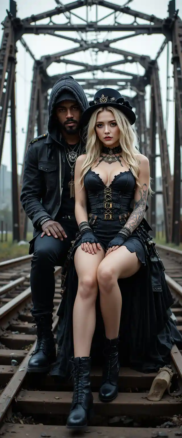 Black rapper and goth woman on an iron fantasy throne