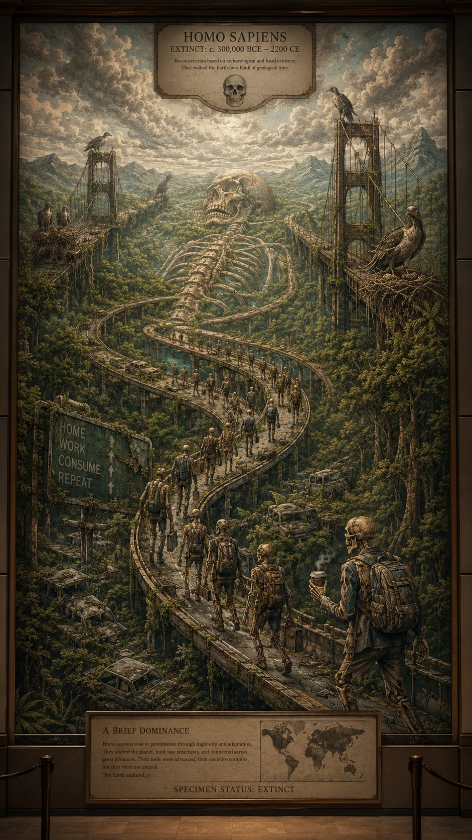 Natural history mural of extinct humans crossing ancient landscape
