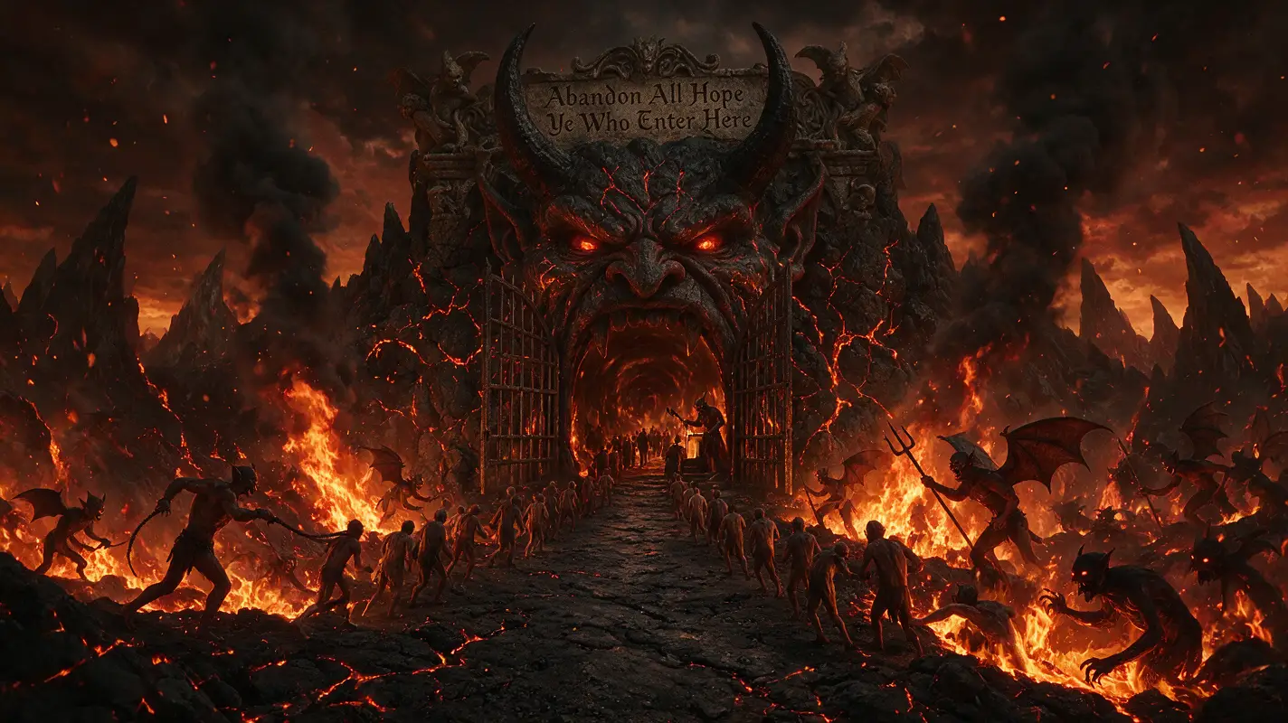 Sentier désolé menant à une porte démoniaque de l’enfer