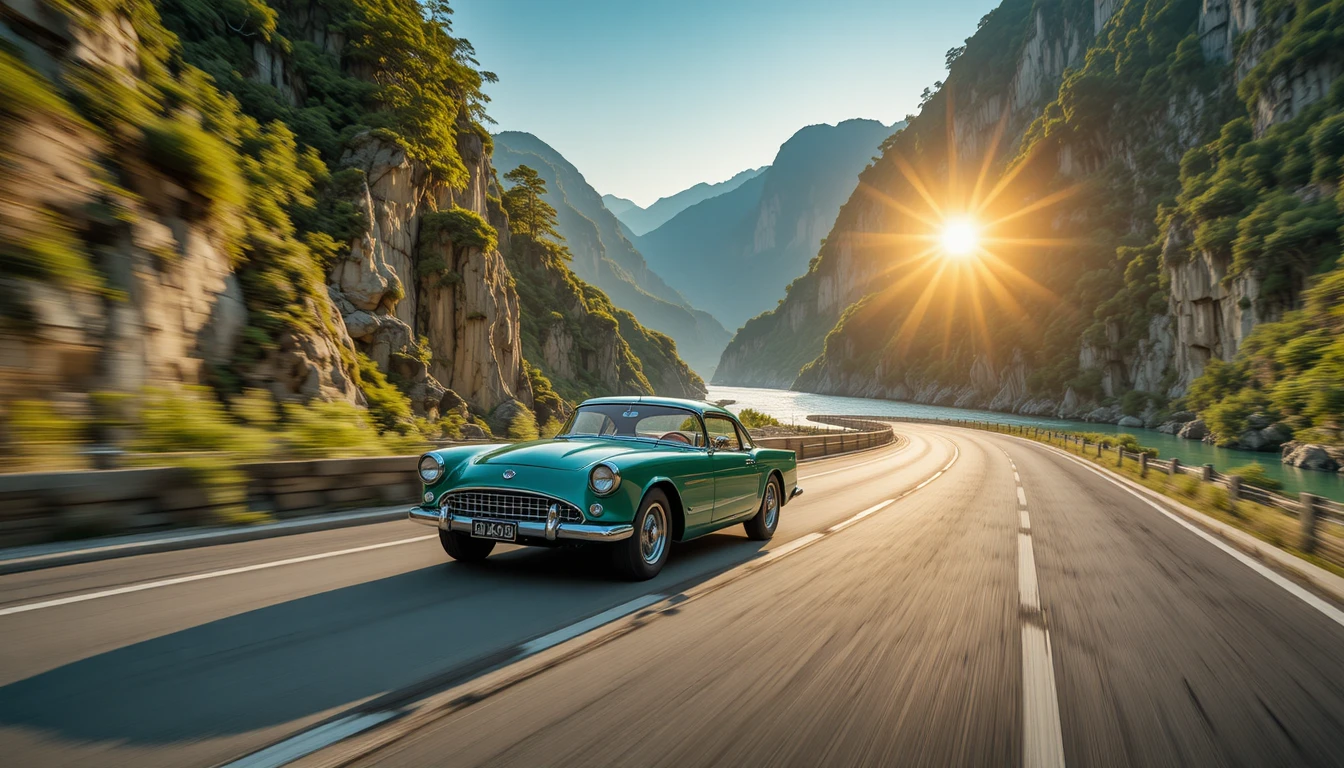 Vintage green car on winding mountain road at sunset