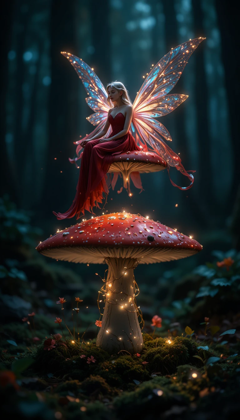 夜の魔法の赤いキノコに座る幻想的な妖精