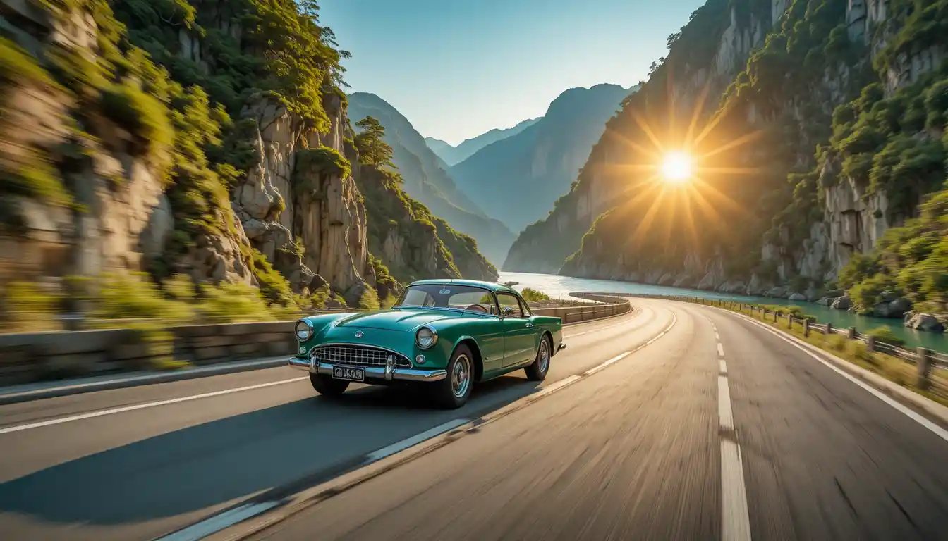 Vintage green car on winding mountain road at sunset