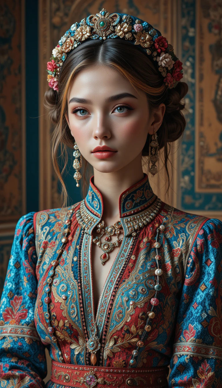 ロシア民俗風ディテールを取り入れたクチュールファッションポートレート