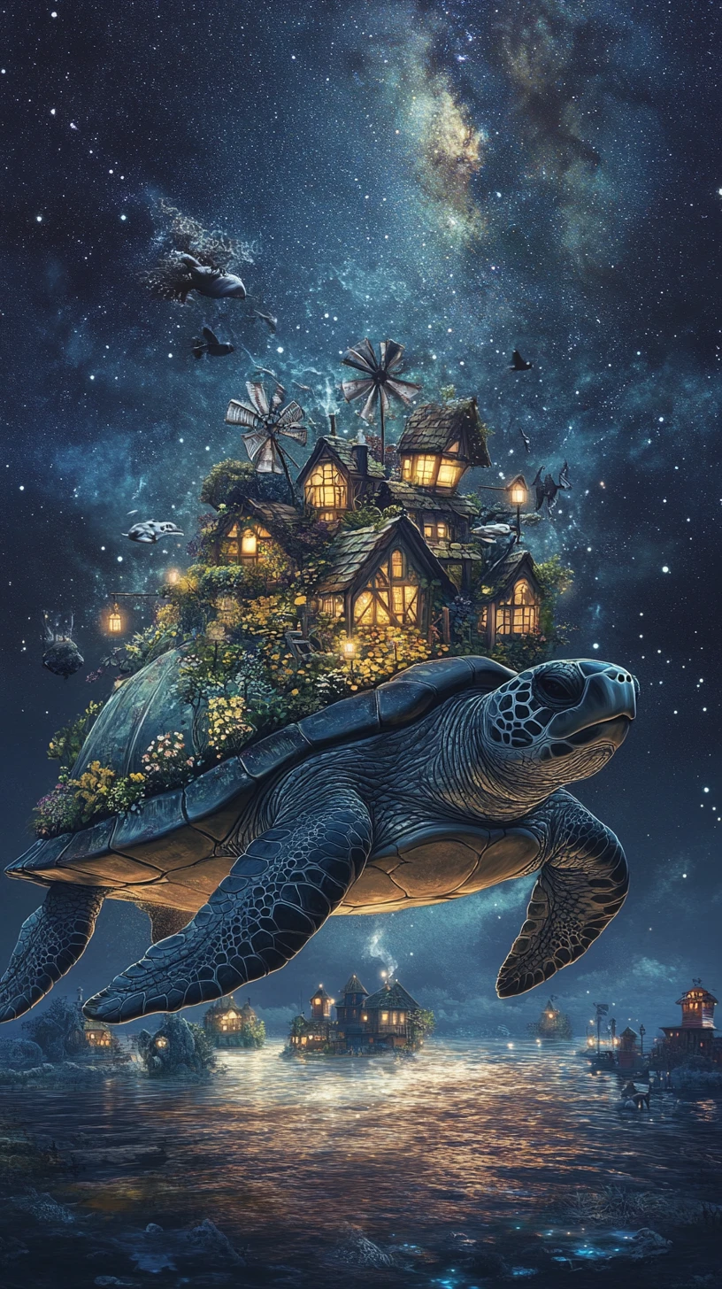 Tortuga marina gigantesca que lleva cabañas sobre un océano estrellado