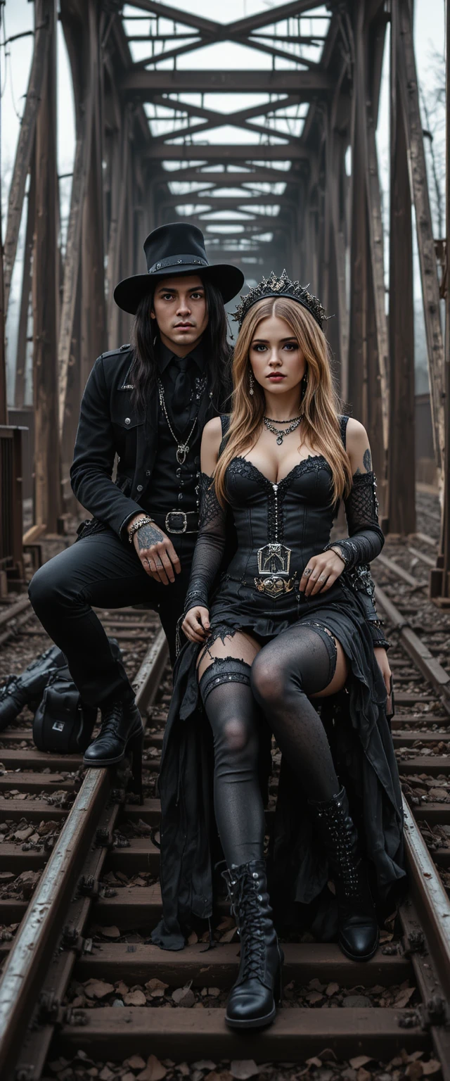 Gothic-Rapperin und Rockstar-Frau auf einem eisernen Thron