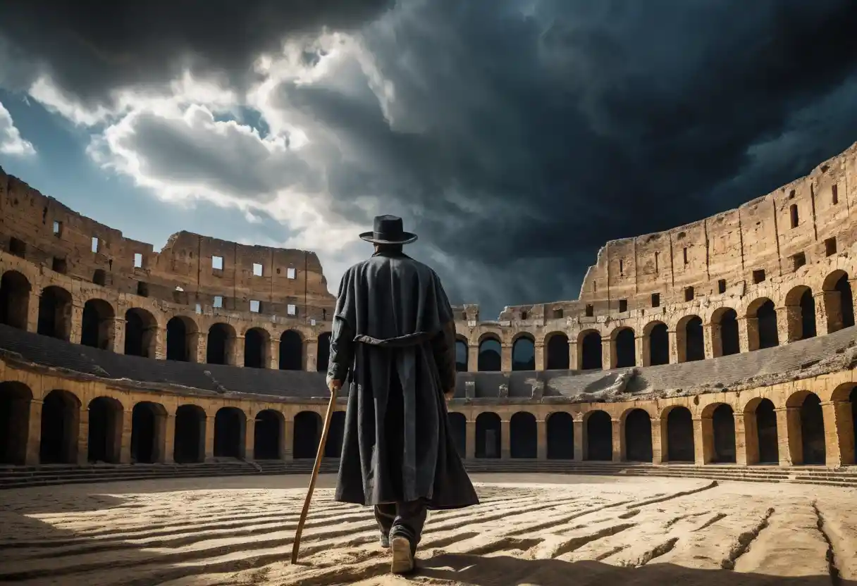 Hombre solitario en una tormenta dentro de un vasto anfiteatro romano