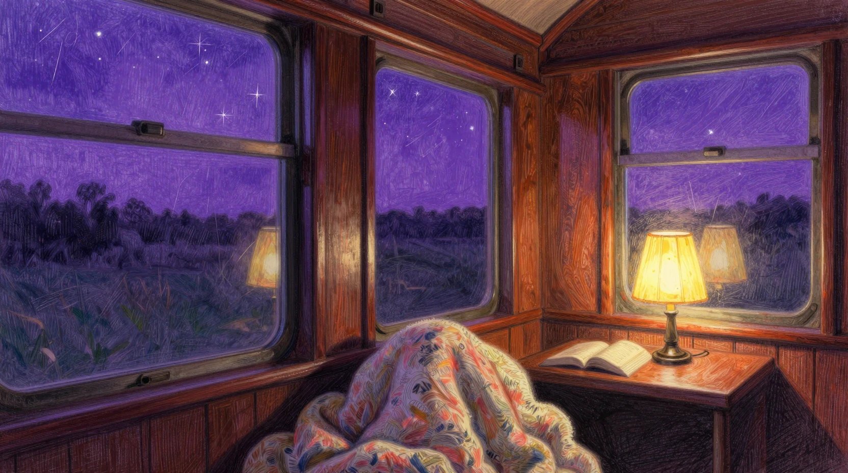 紫色流星夜空下的復古火車車廂