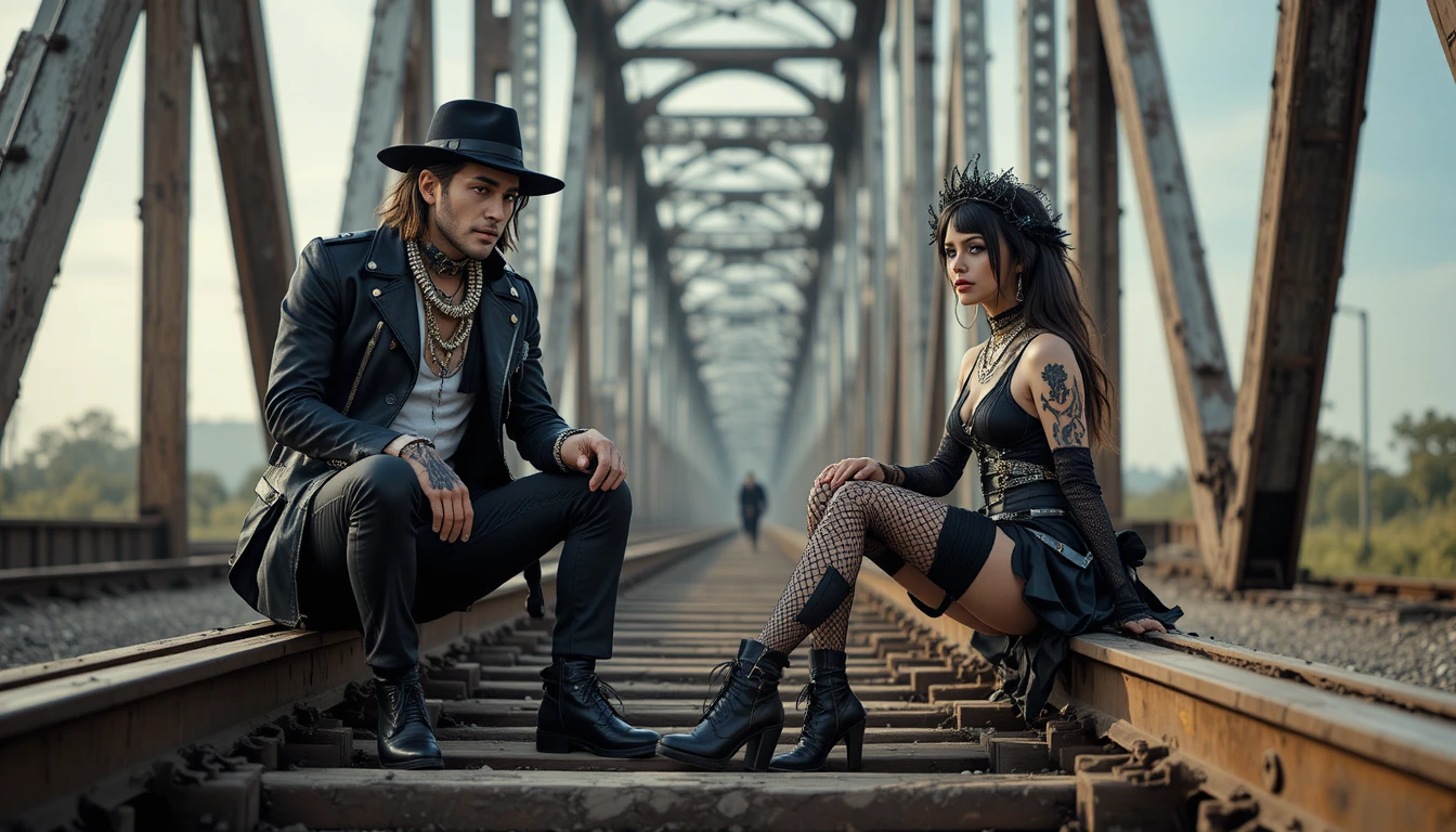 Gothic rapper and rockstar woman seated on iron throne