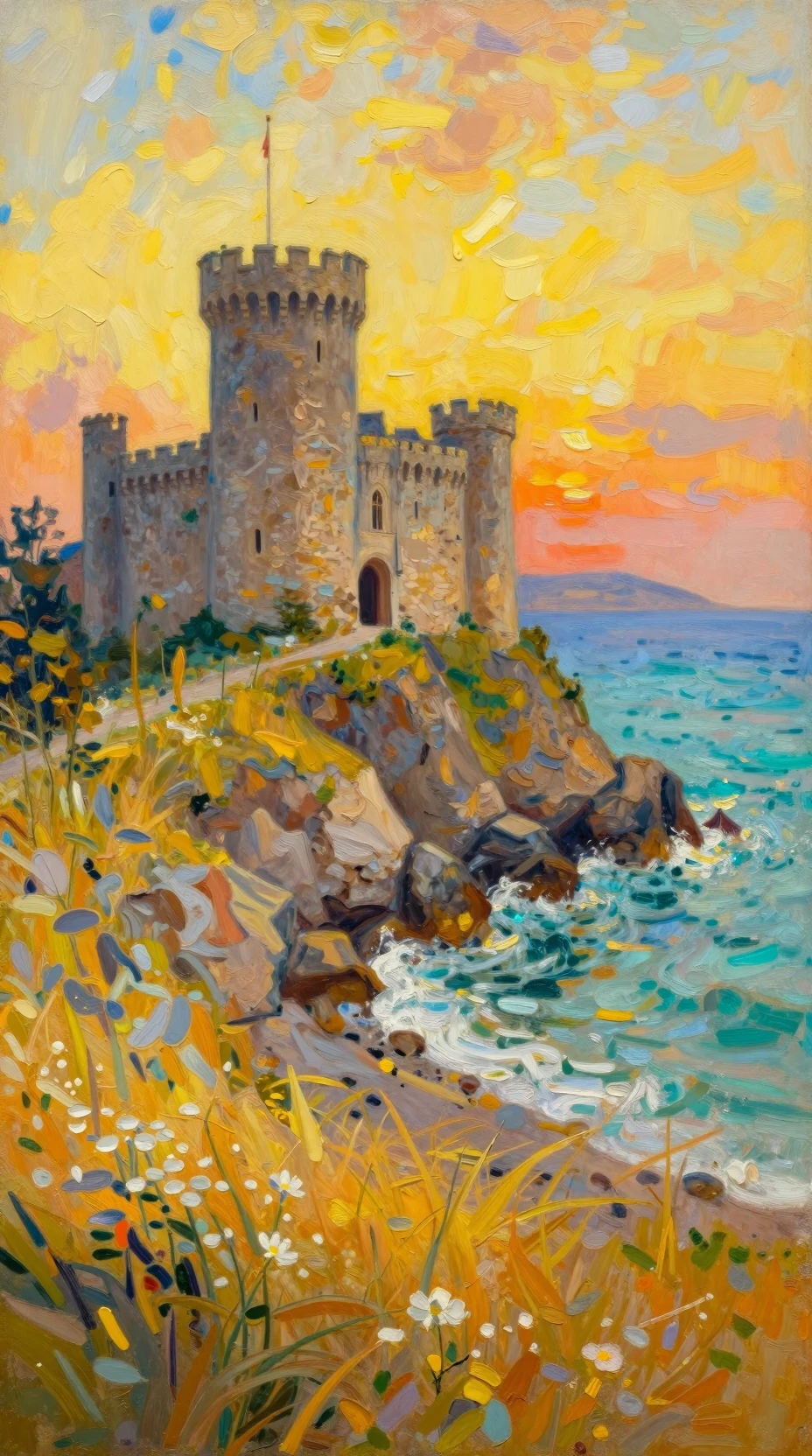 Castillo impresionista al atardecer en una costa rocosa turquesa