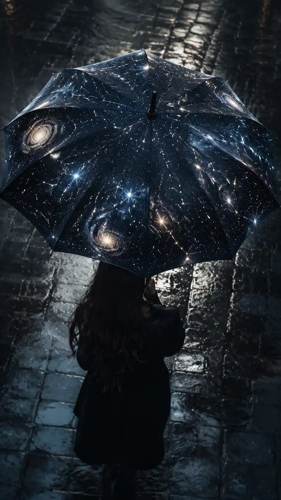 撐傘的女子揭開旋轉夜空