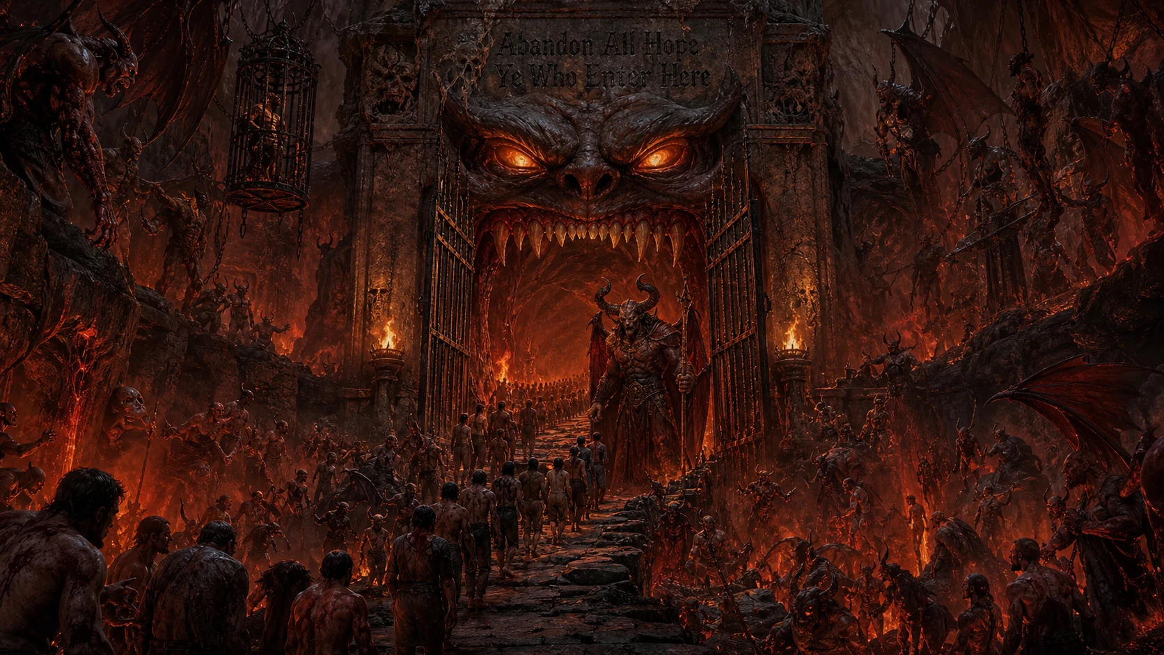 Demons Guarding Fiery Gates Of Hell With Endless Damned Souls