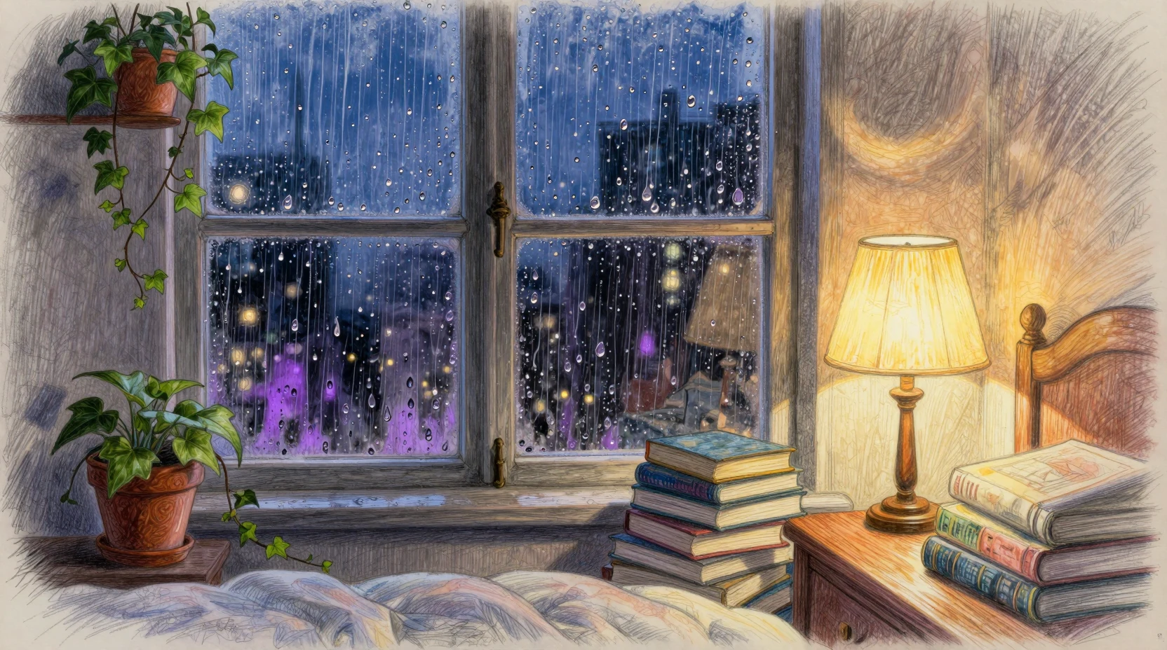 Gemütliches Schlafzimmer um Mitternacht mit Regen am Fenster