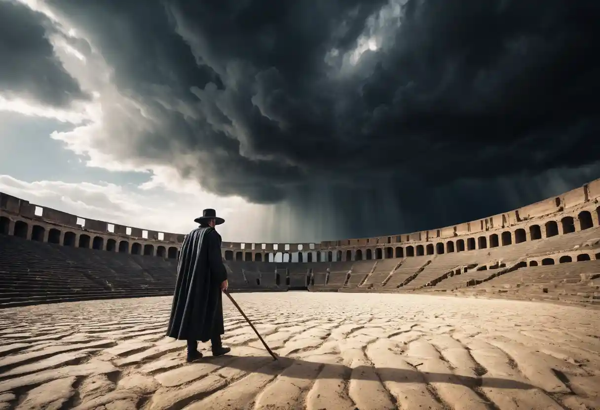 Lone man stands in vast roman amphitheater under storm clouds