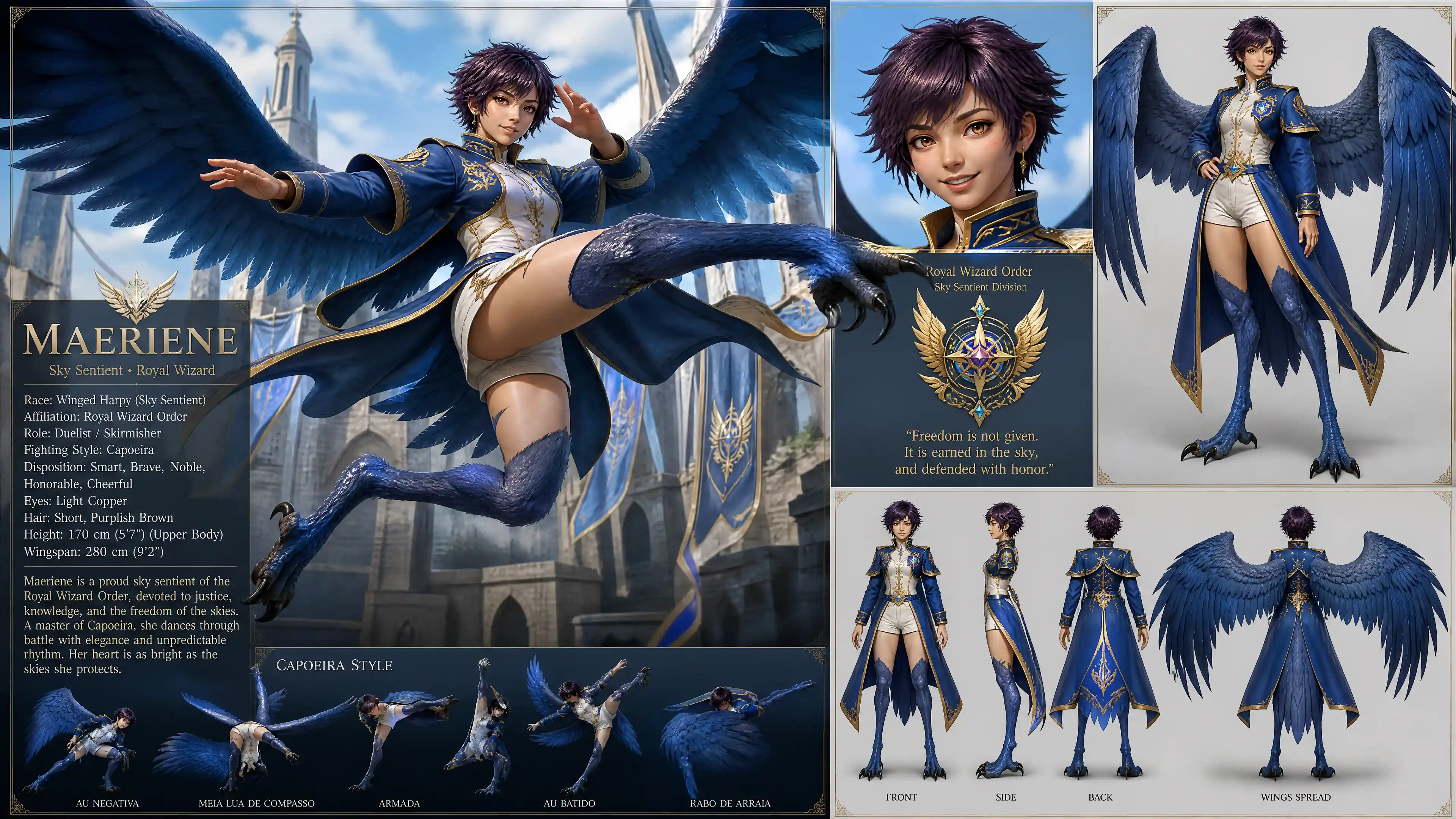 Blue winged harpy woman in royal wizard uniform