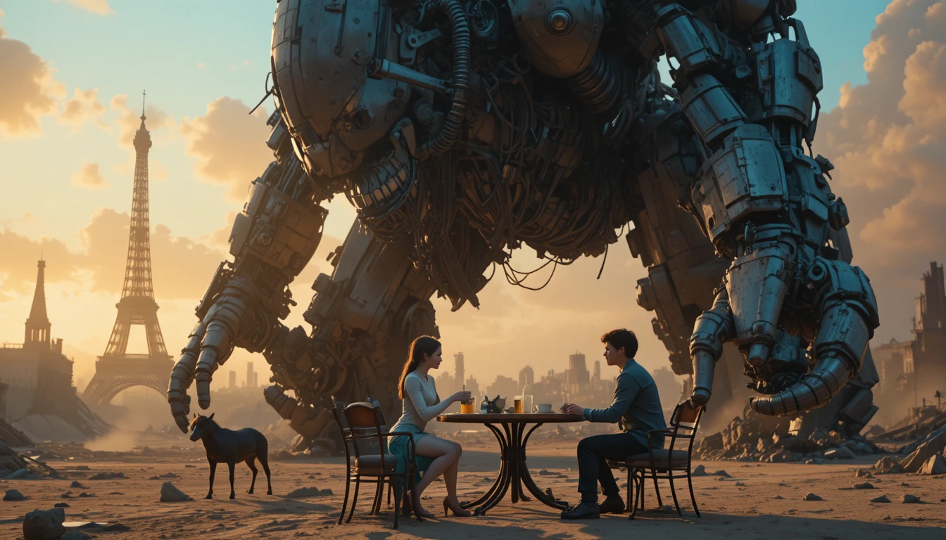 Kinder greifen bei Sonnenuntergang nach einem riesigen verrosteten mechanischen Golem