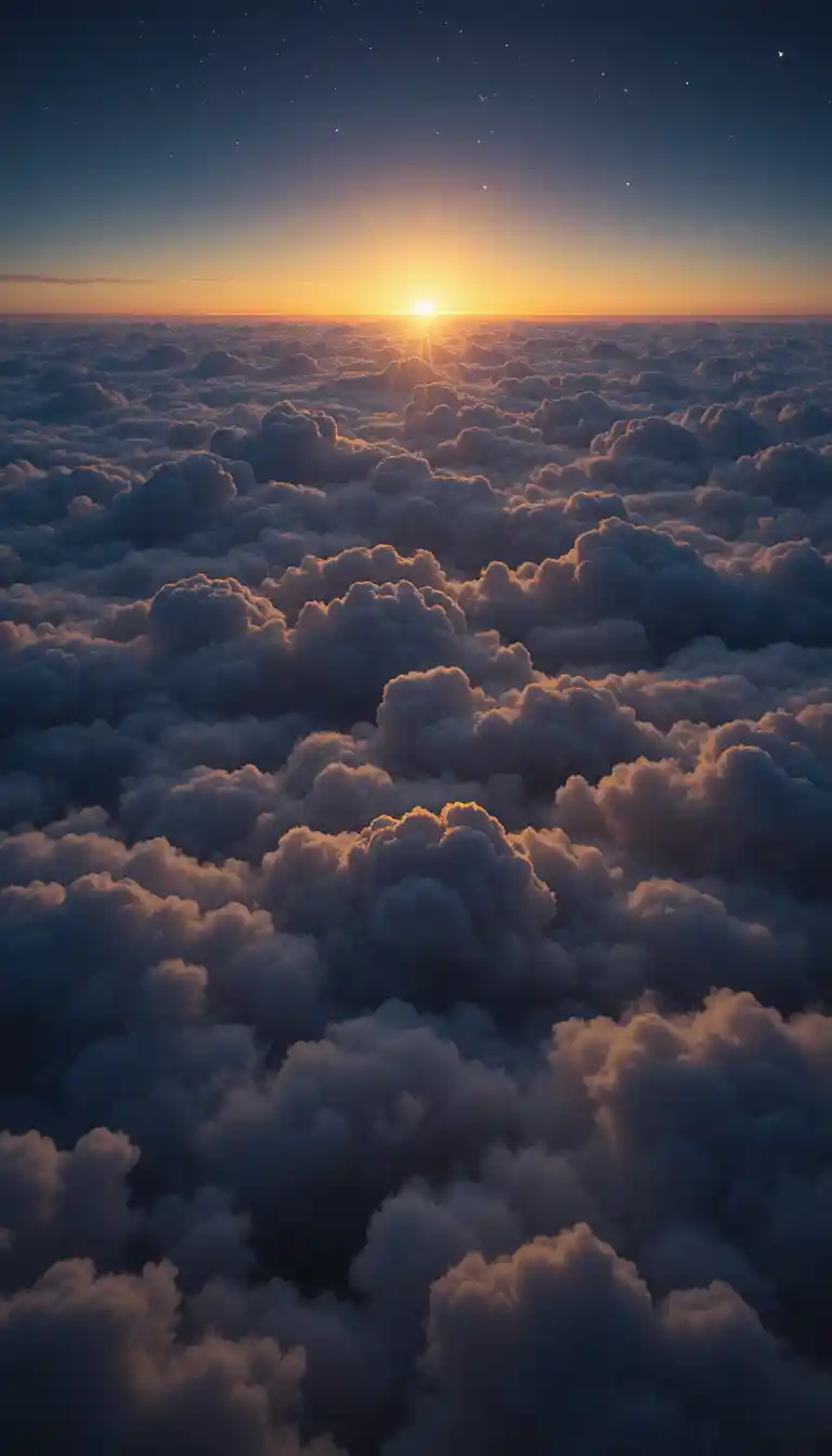 Sonnenaufgangslicht über einem weiten Wolkenmeer in großer Höhe