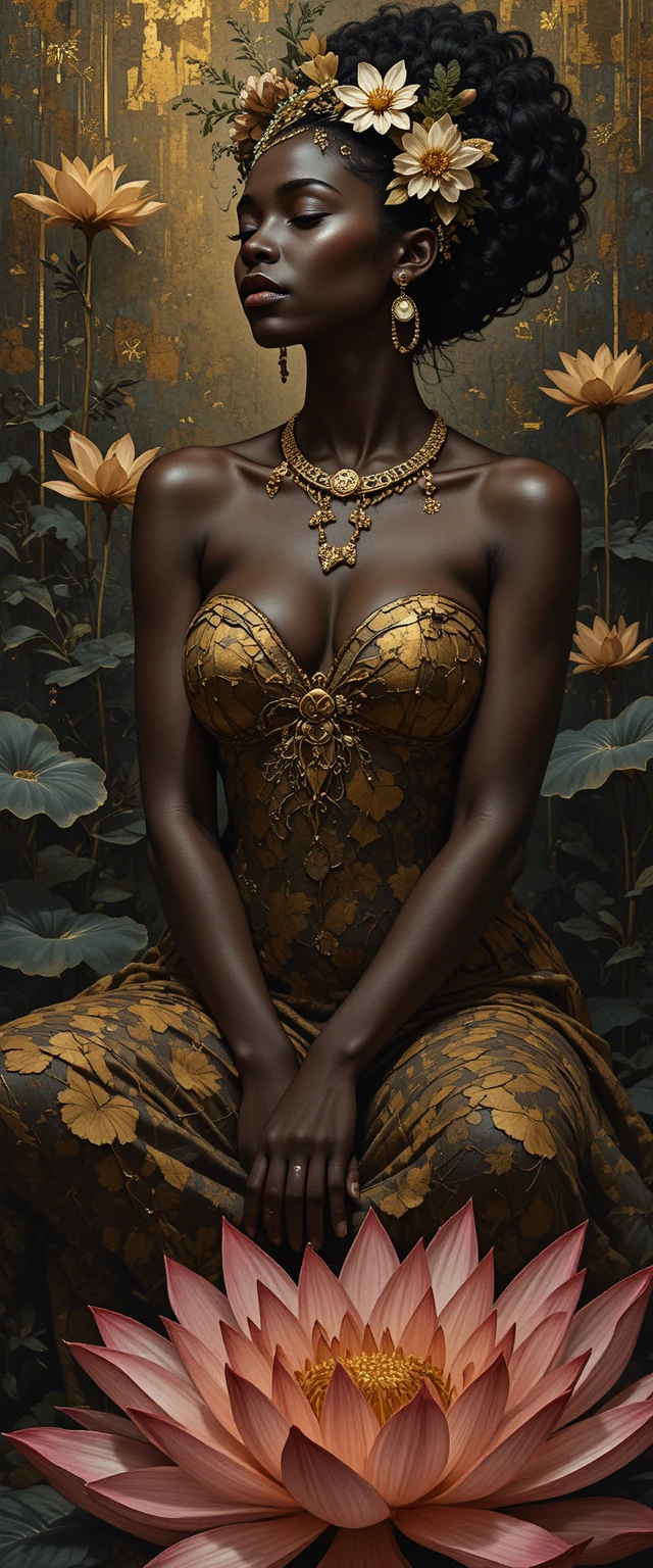 Abstract anime portrait of an African woman in lotus pose