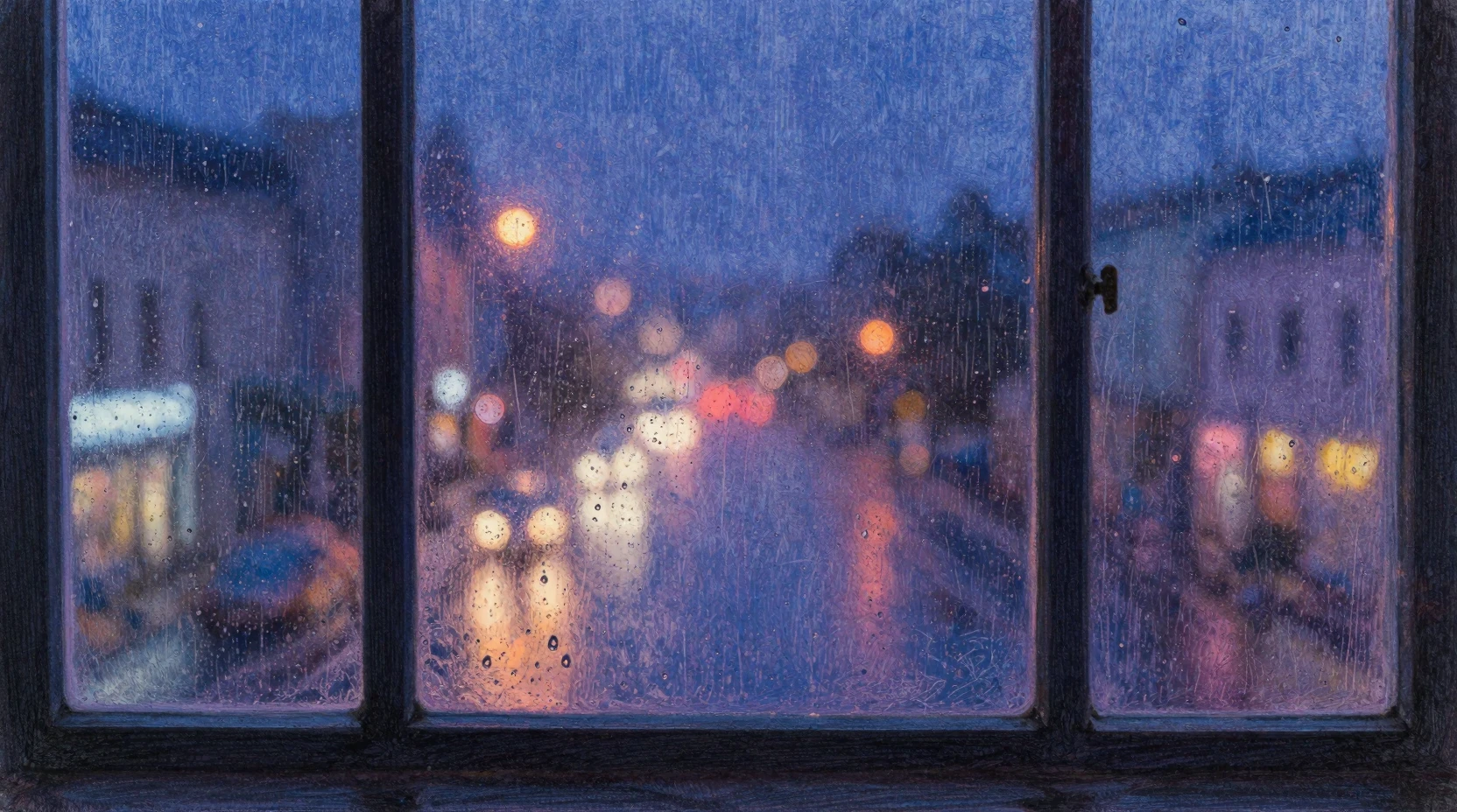 Ventana lluviosa con luces de ciudad coloridas y brillantes de noche